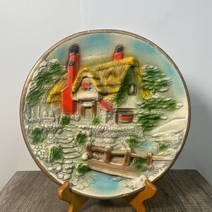 Charming Cottage Wall Art with Red and Green Accents Chalkware Plate